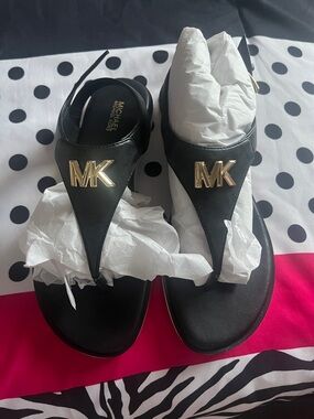 Michael Kors Black Sandal with Gold MK Emblem